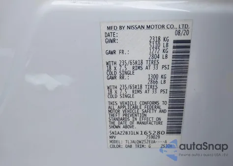 2020 Nissan Murano Sv Fwd z USA, uszkodzony, nr VIN 5N1AZ2BJ1LN165280